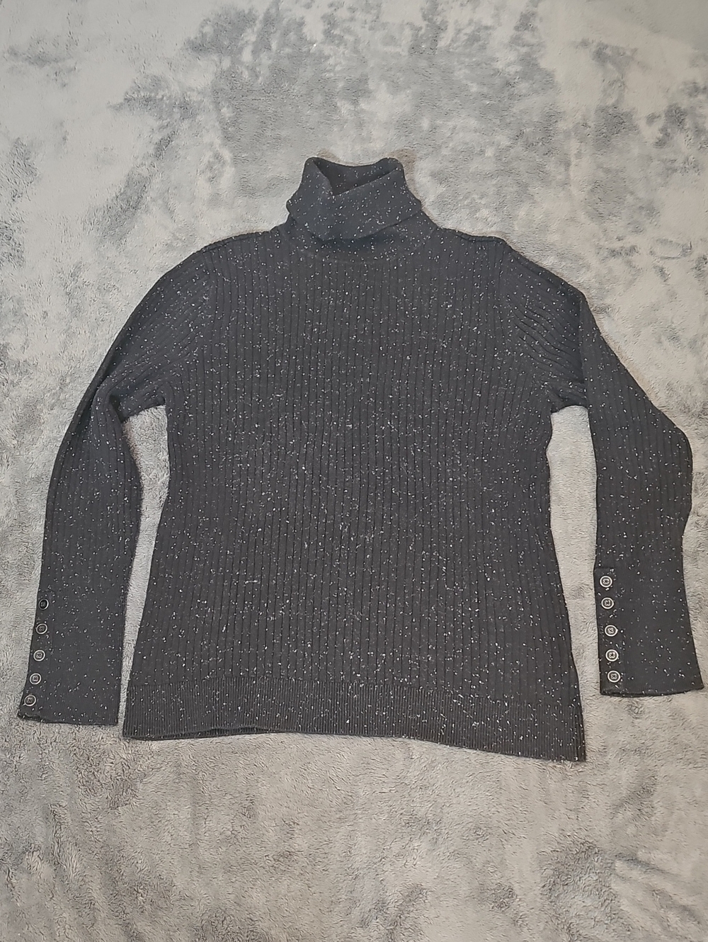 Talbots Black White Flecked Cotton Ribbed Turtleneck Sweater Button Cuffs Size L